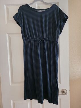 SHEIN Navy and Green Striped Midi Drawstring Dress